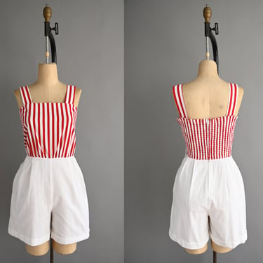 vintage 1970s Playsuit Romper | Red & White Stripe Cotton Romper Playsuit | Large 