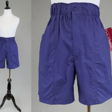 90s Elastic Waist Shorts - Deadstock NWT - Blue w/ touch of Purple - High Rise Cotton Sheeting Short - CC Hughes - Vintage 1990s - M L 