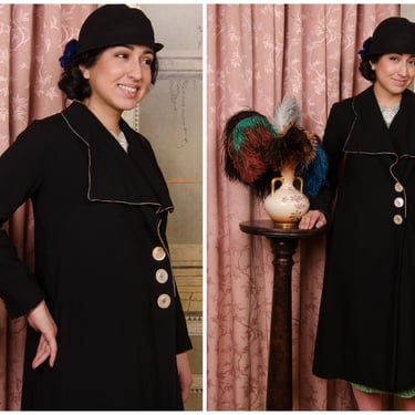 1930s Coat - Gorgeous Vintage Late 20s, Early 30s Stunning Art Deco Black Wool Coat with Pintucks and Bold Flannel Lining 