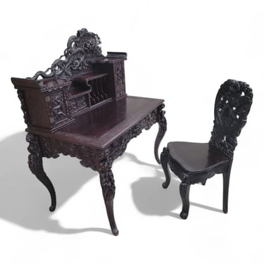 NEW - Intricately Carved Japanese Export Hard Rosewood Writing Desk & Chair