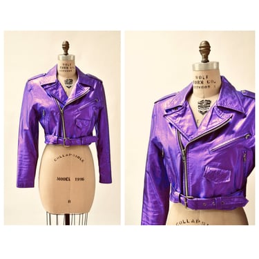 Vintage Leather Motorcycle Jacket in Metallic Purple Size Medium Large by L.A Roxx// 90s Metallic Purple Leather Jacket Biker LA ROXX 