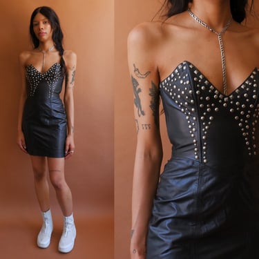 Vintage 80s Studded Leather Mini Dress/ 1980s Buttery Soft Black Strapless Body Con Dress/ Size XS 