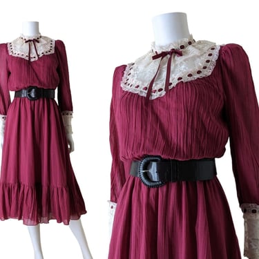 Vintage Cotton Prairie Dress, Small Medium / Burgundy Red Crinkle Gauze Midi Dress with Lace Bib and Gauntlet Cuffs 