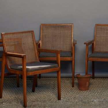 Set of 4 1950's Teak & Rattan Armchairs with Upholstered Seats from Java