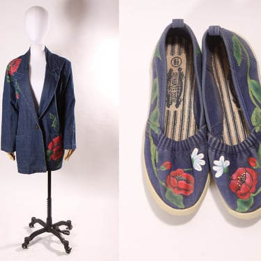 1980s Blue Denim Long Sleeve Hand Painted Red Flower Floral Blazer Jacket with Matching Hand Painted Slip on Shoes 8 1/2 by Hunters Run -M 
