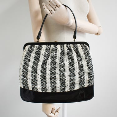 1960s Black and White Textile and Patent Vinyl Purse 