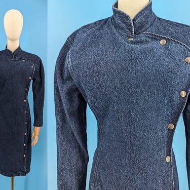 Nineties Paris Blues Small Long Sleeve Side Snap Denim Cheongsam Jean Dress 