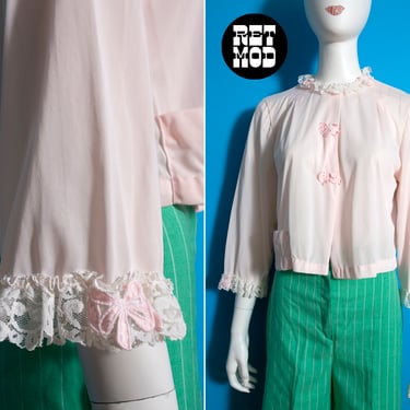 Pretty Vintage 60s Pastel Pink Night Shirt with Lace and Bow Appliqué 