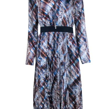 Ted Baker - Blue Brown & White " Quartz" Printed Midi Dress w/ Pleats Sz 8