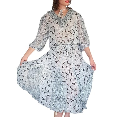 Vintage 1980s Diane Freis Fishtail Skirt Blouse Set Black White Georgette Graphic Print 
