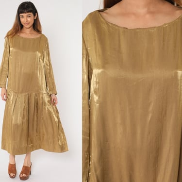 80s Metallic Party Dress Plus Size Gold Cocktail Midi Dress Puff Sleeve Pleated Drop Waist Evening Formal Glam Vintage 1980s 2xl xxl 