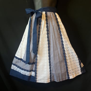 navy gingham and lace skirt 1970s boho hippie patchwork a-line one size 