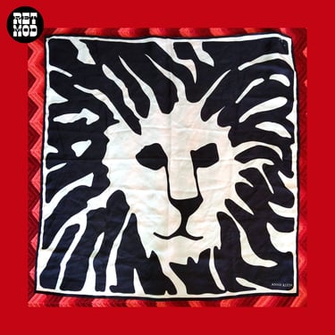 INSANELY COOL Large Vintage 70s 80s Black White Lion Silk Square Scarf 