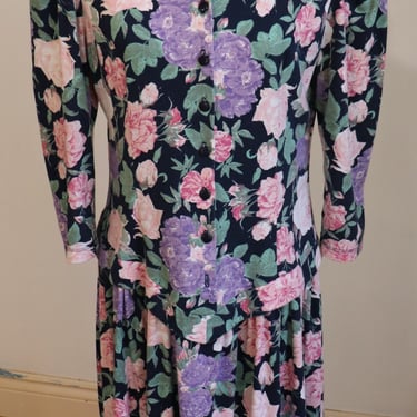 Vintage 1980s Button Up Dress Floral Navy/Pink Size 10 (Large) Eber San Francisco 