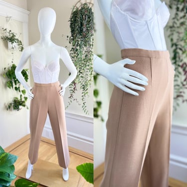 Vintage 1960s Trousers | 60s Knit Wool Camel Tan High Waisted Straight Leg Stretchy Wear to Work Pants (small/medium) 