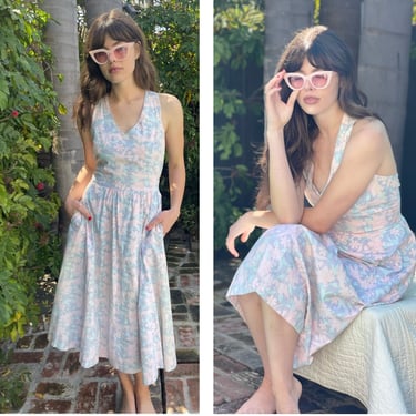 Country Romance Floral 70s 80s cotton Sun Dress open back M 