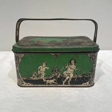 Vintage 1920s art deco tin litho lunch box wt handles and children playing with dog art, collectible tins, 1920 tin lunchbox, cottage decor 
