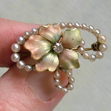 Antique 14K Gold and Enamel Art Nouveau Flower Pin With Pearls, Old Gold and Enamel Flower Pin, Antique Pearl and Diamond Brooch Pin (#4536) 