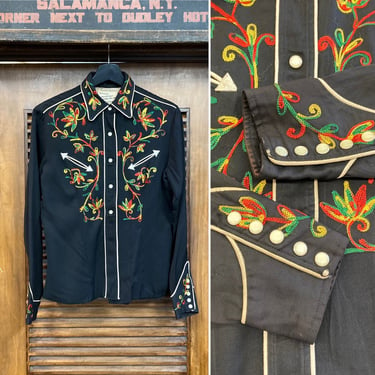 Vintage 1950’s Black Gabardine “California Ranchwear” Cowboy Western Rockabilly Ladies Shirt, 50’s Snap Button Shirt, Vintage Clothing 
