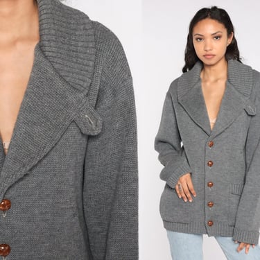 Grey Wool Cardigan Button Up Knit Sweater 70s Shawl Collar Grandpa Cardigan Sweater Plain 1970s Slouch Vintage Knitwear Mens Extra Large xl 