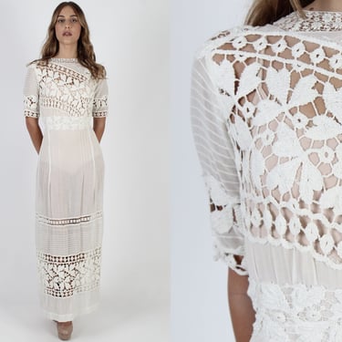 1900s White Crochet Edwardian Wedding Maxi Dress 