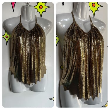 Vintage 70s 80s | Gold Disco Mesh Chainmail Neiman Marcus Halter Top | One Size 