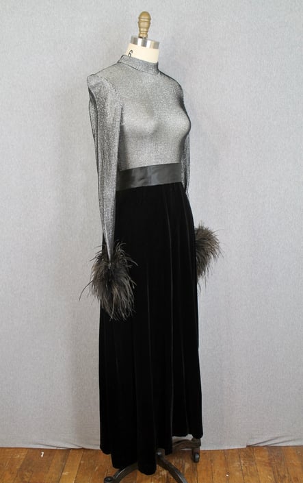 1960s Silver Lame and Black Velvet Evening Gown - Feather Cuffs - Mockneck - Hollywood Regency - Metallic - Black Tie, Formal 