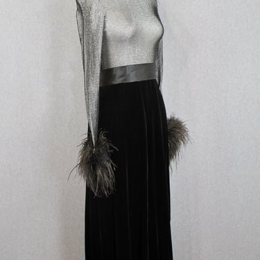 1960s Silver Lame and Black Velvet Evening Gown - Feather Cuffs - Mockneck - Hollywood Regency - Metallic - Black Tie, Formal 