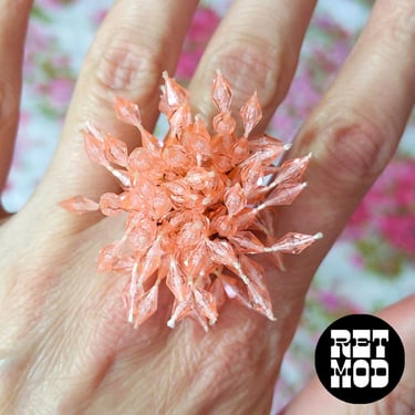 Vintage 60s 70s Pastel Clear Peach Shaggy Bead Cluster Adjustable Ring 