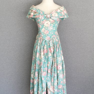 1980s - Mint Floral - Tea Dress - Laura Ashley Style - Cotton - Estimated size XS 