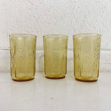 Vintage Woodgrain Design Anchor Hocking Glass Juice Drinking Glasses Gold Amber Yellow Lowball Set of 2 Cocktail Barware 1970s 