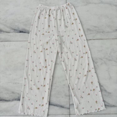 Vintage Floral Lounge Pants Ivory Pink Waffle Knit Wide Leg Pull On Elastic Waist Women Medium Cottagecore 