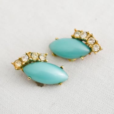 1960s Aqua Plastic and Rhinestone Clip Earrings 