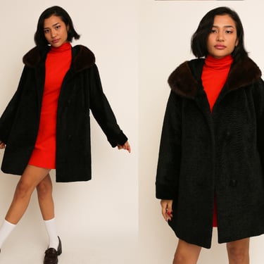 Vintage 1960s 60s Jet Black Faux Fur Squiggle Texture Coat w/ Brown Real Fur Collar 
