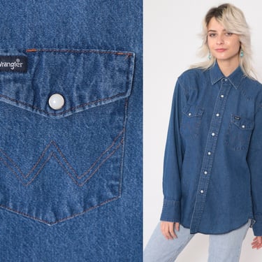 Wrangler Denim Shirt Blue Jean Shirt 90s Western Jean Pearl Snap Top Long Sleeve Button Up Cowboy Rodeo Yoke 1990s Vintage Medium 
