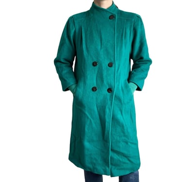 Vintage 80s Womens Green 100% Wool Retro Long Double Breasted Trench Coat Sz M 