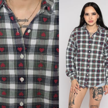 90s Plaid Heart Shirt HEART PRINT Shirt Grunge Shirt Checkered Shirt Button Up 80s Lumberjack Vintage Long Sleeve Blue Green Large 