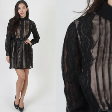 Plain Striped Little Black Illusion Dress, Simple Cocktail Party Hostess Outfit, Vintage 70s Sheer Lounge Mini Frock 