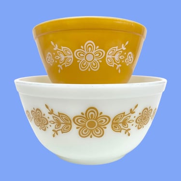 Vintage Pyrex Mixing Bowls Retro 1970s Bohemian + Butterfly Gold 401/402 + Yellow/White Ceramic + Round + Set of 2 + Boho Kitchen + Serving 