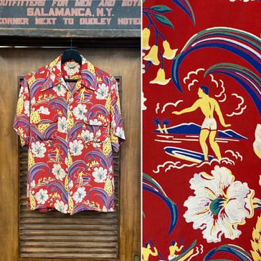 Vintage 1940’s “Pilgrim” Surf Natives Tiki Tropical Rayon Hawaiian Shirt, 40’s Loop Collar, Vintage Clothing 