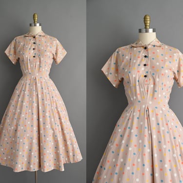 vintage 1950s Dress | Colorful Polka Dot Print Full Skirt Polished Cotton Dress | Small 