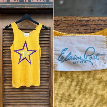 Vintage 1960’s “Elaine Post” Mod Durene Star Appliqué Tank Top Jersey Shirt, 60’s Vintage Clothing 