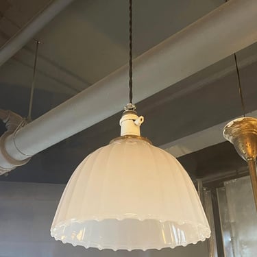 Antique Early 20th Century Scalloped Milk Glass Dome Pendant Light