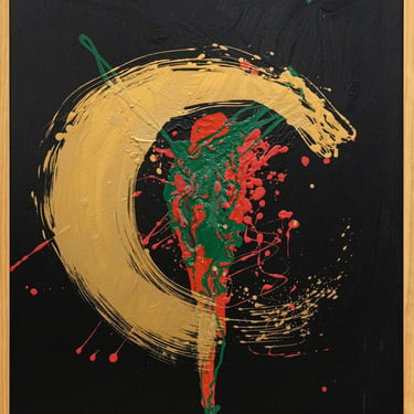 Dominic Pangborn Untitled Abstract Gold Swirl with Red & Green Painting on Board 