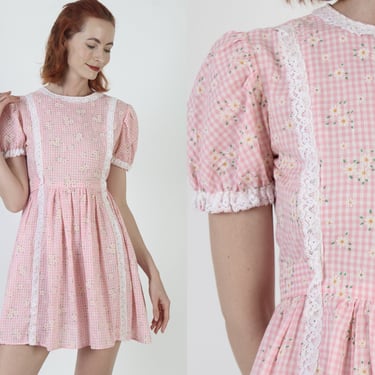 70s Pink Gingham Micro Mini Dress / Americana Picnic Saloon Outfit / Country Waitress Barbiecore Lace Trim Frock 