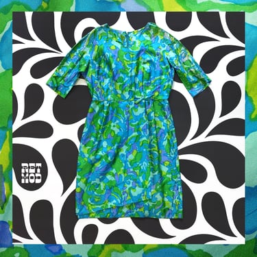 Beautiful Vintage 60s Vibrant Blue Green Abstract Patterned Silky Fabric Dress - As Is 