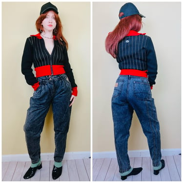 1980s Vintage Stonewash Bugle Boy Paperbag Jeans / 80s High Waisted Tapered Black Denim Pants / Size Large 