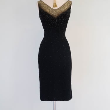 Glamorous 1950's Gold Beaded Black Knit Bombshell Dress / Medium