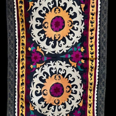 Purple Flower Rectangular Suzani on Black Quilted Ground