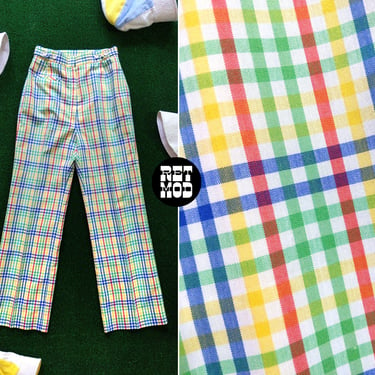 Chic Preppy Vintage 70s 80s Colorful Gingham Style Plaid Cotton Pants 
